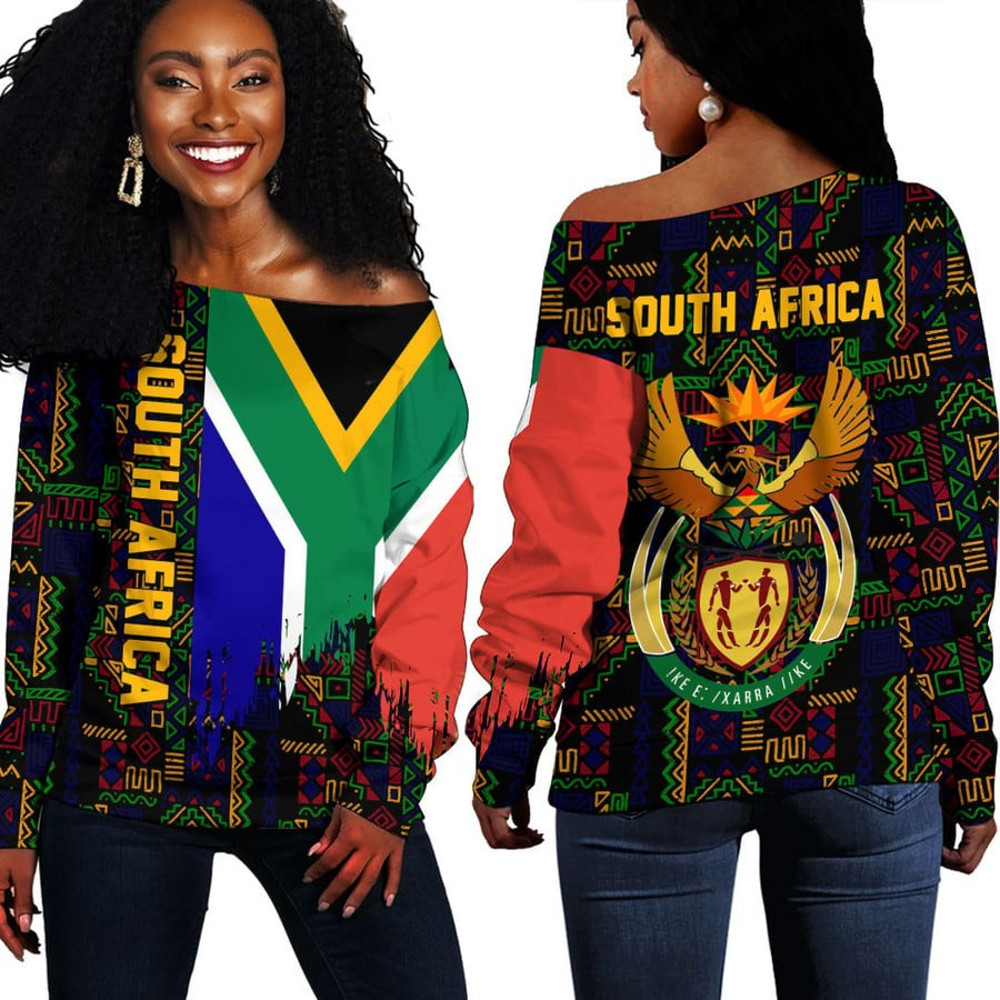 South Africa Kente Pattern Off Shoulder Sweater, African Women Off Shoulder For Women