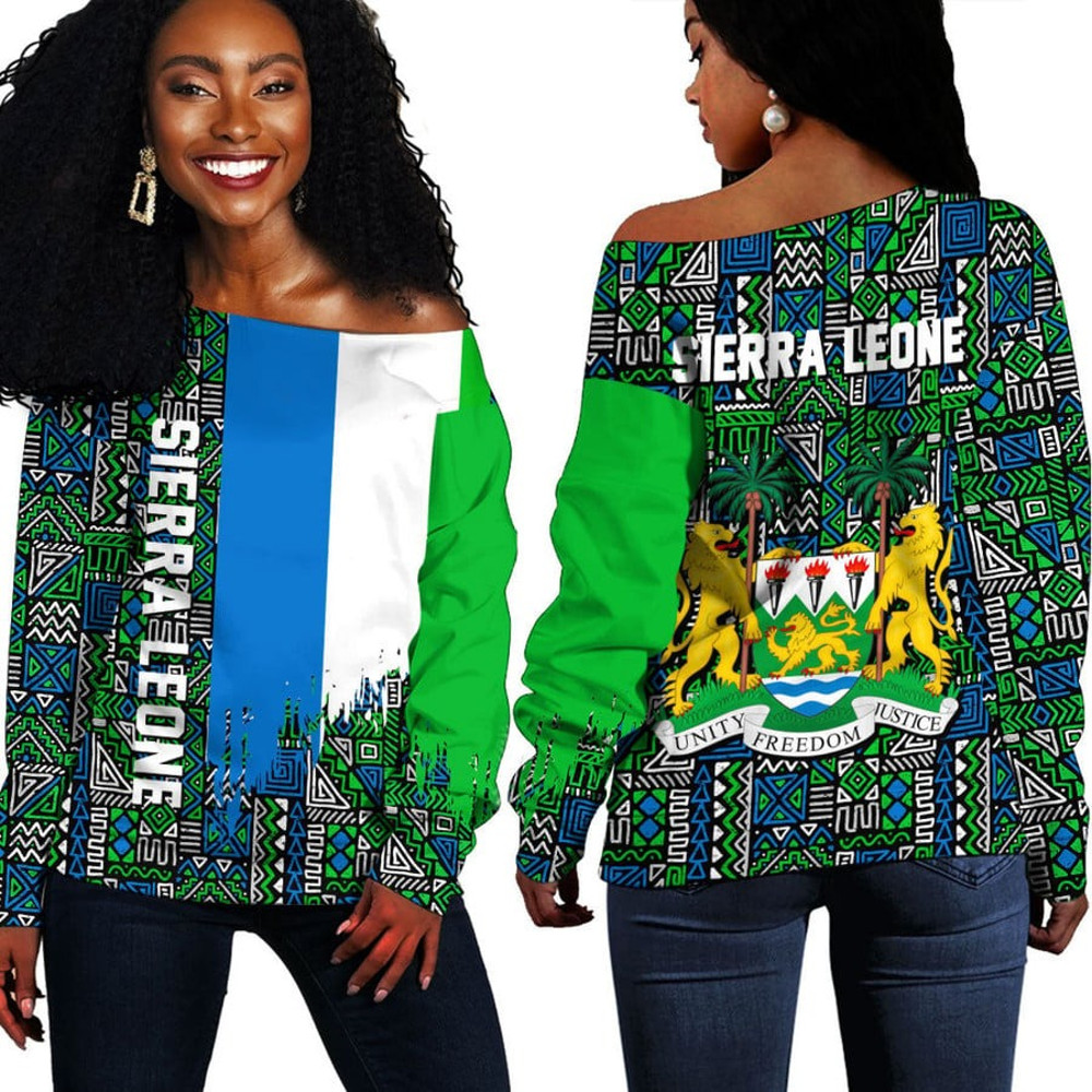 Sierra Leone Kente Pattern Off Shoulder Sweater, African Women Off Shoulder For Women
