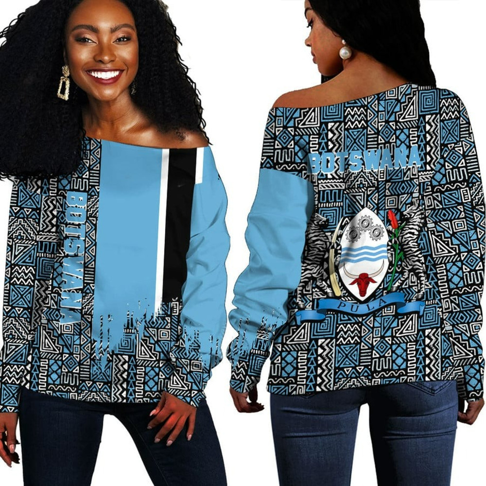Botswana Kente Pattern Off Shoulder Sweater, African Women Off Shoulder For Women