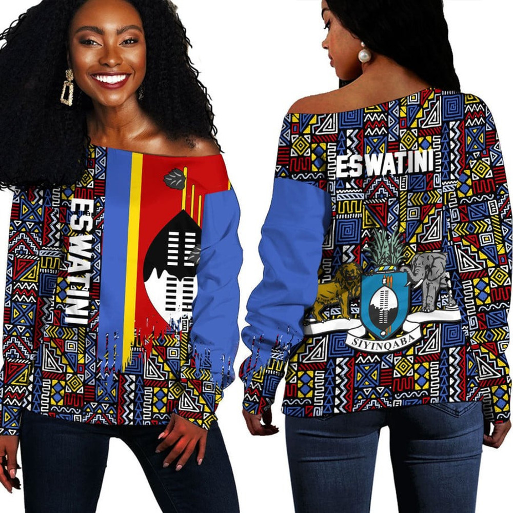 Eswatini Kente Pattern Off Shoulder Sweater, African Women Off Shoulder For Women