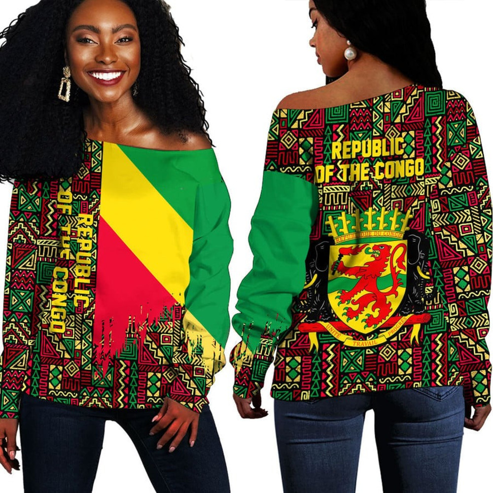 Republic of the Congo Kente Pattern Off Shoulder Sweater, African Women Off Shoulder For Women