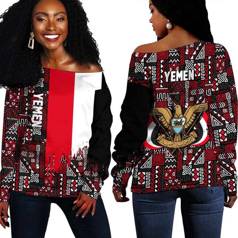 Yemen Kente Pattern Off Shoulder Sweater, African Women Off Shoulder For Women
