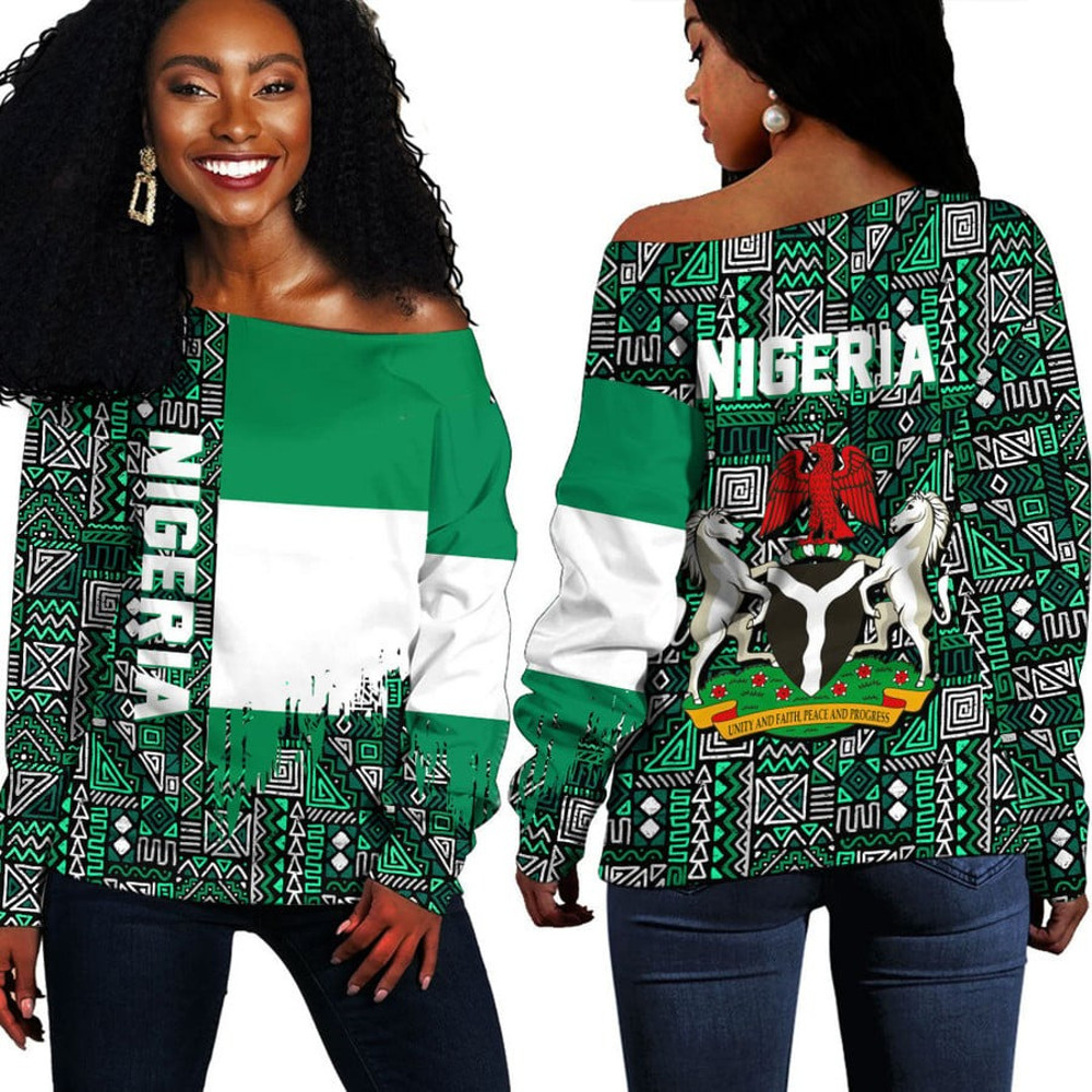 Nigeria Kente Pattern Off Shoulder Sweater, African Women Off Shoulder For Women