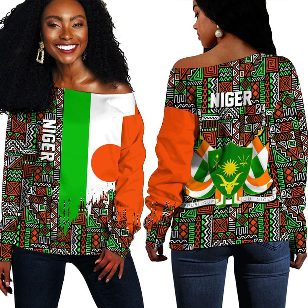 Niger Kente Pattern Off Shoulder Sweater, African Women Off Shoulder For Women