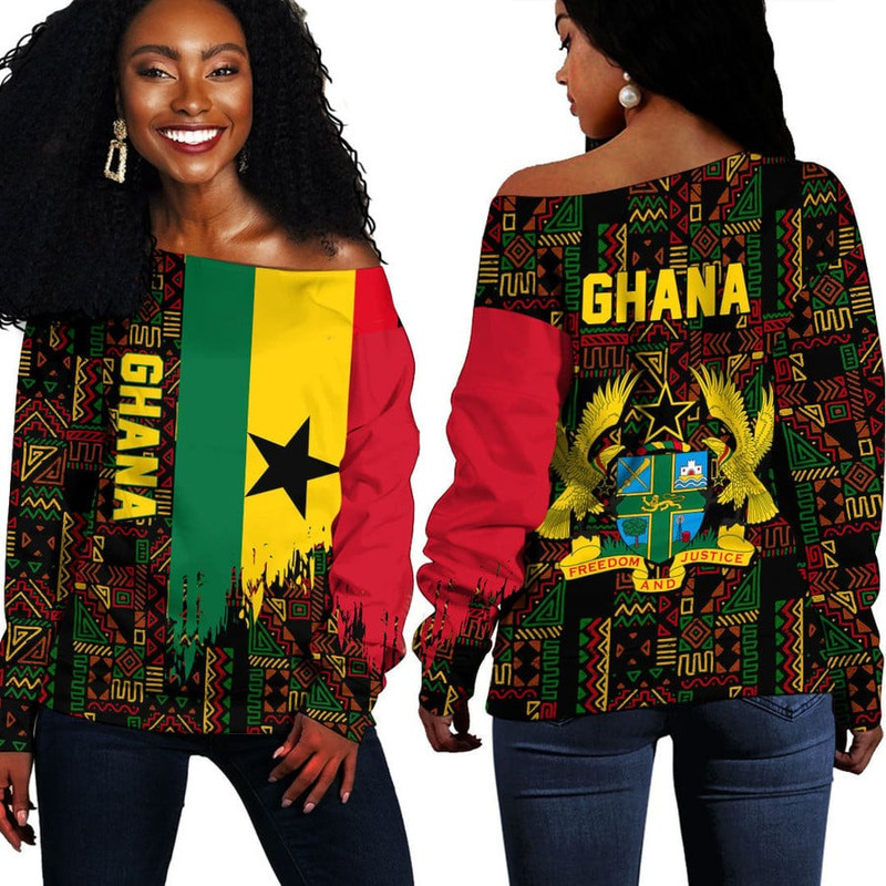 Ghana Kente Pattern Off Shoulder Sweater, African Women Off Shoulder For Women