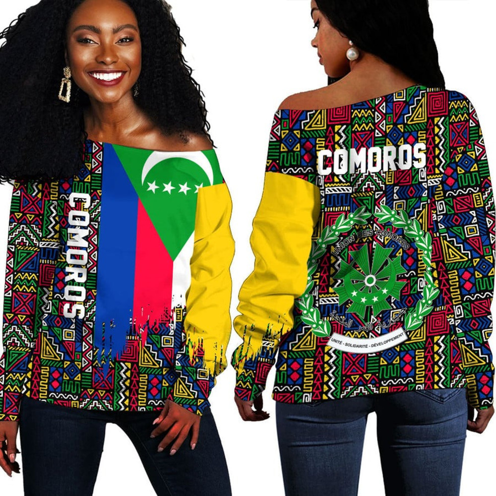 Comoros Kente Pattern Off Shoulder Sweater, African Women Off Shoulder For Women