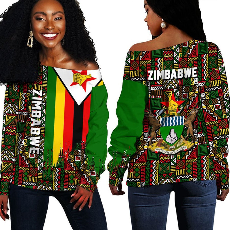 Zimbabwe Kente Pattern Off Shoulder Sweater, African Women Off Shoulder For Women
