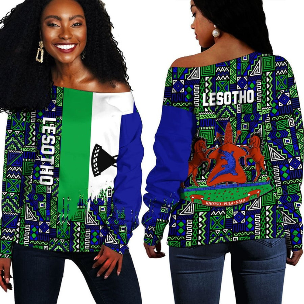Lesotho Kente Pattern Off Shoulder Sweater, African Women Off Shoulder For Women