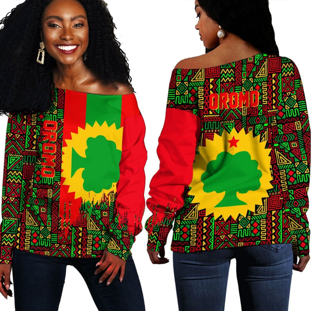 Oromo Kente Pattern Off Shoulder Sweater, African Women Off Shoulder For Women