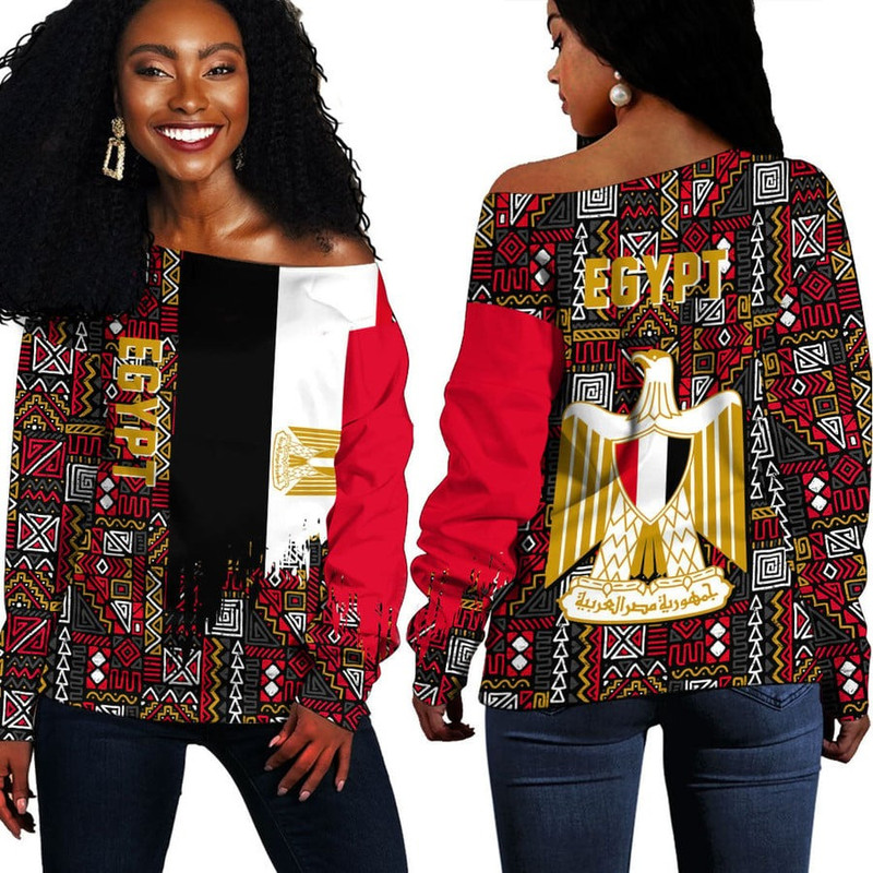 Egypt Kente Pattern Off Shoulder Sweater, African Women Off Shoulder For Women