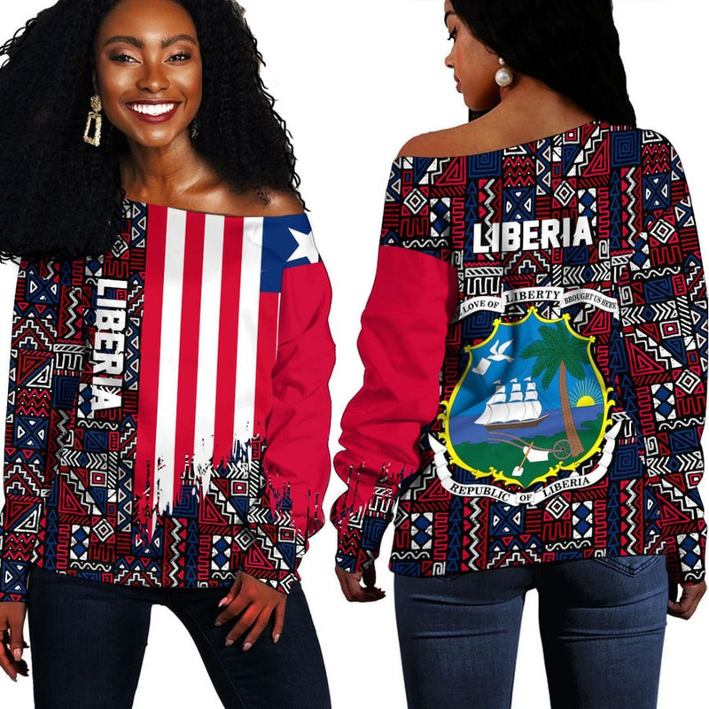 Liberia Kente Pattern Off Shoulder Sweater, African Women Off Shoulder For Women