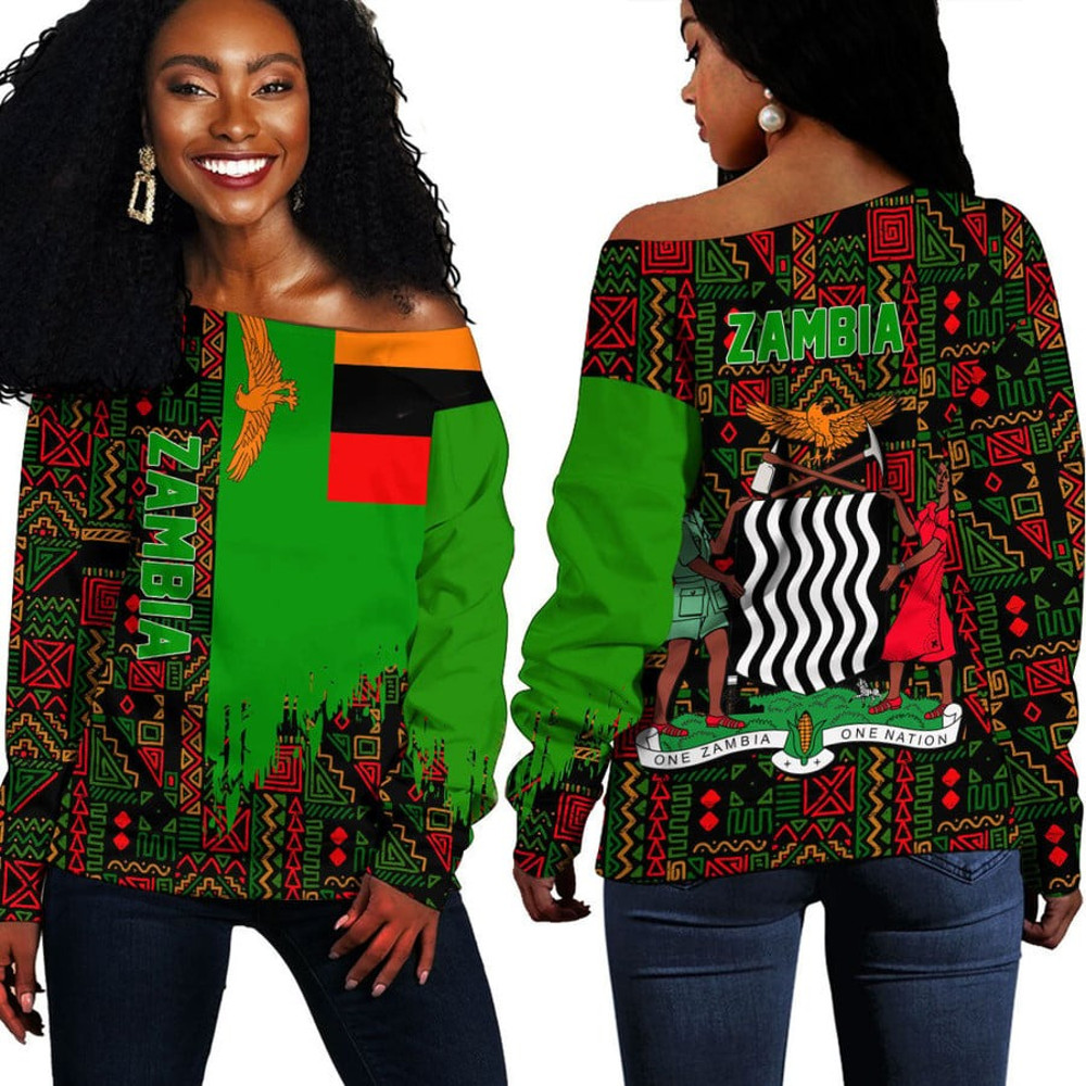 Zambia Kente Pattern Off Shoulder Sweater, African Women Off Shoulder For Women