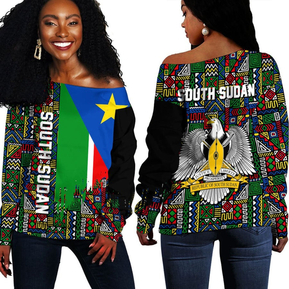 South Sudan Kente Pattern Off Shoulder Sweater, African Women Off Shoulder For Women