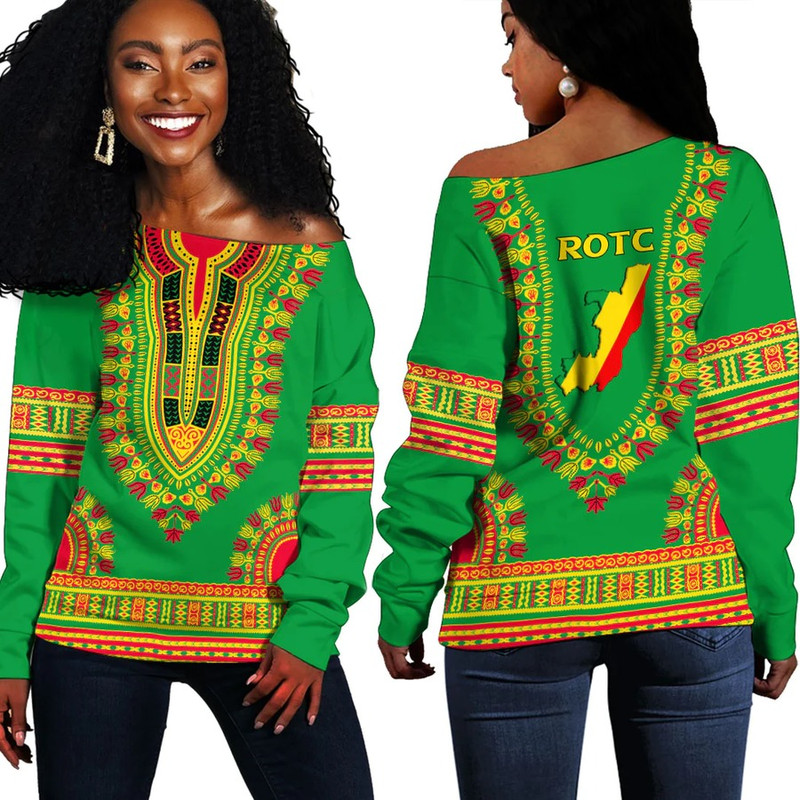 Africa Zone Off Shoulder Sweaters - Republic of Congo Traditional Dashiki, African Women Off Shoulder For Women
