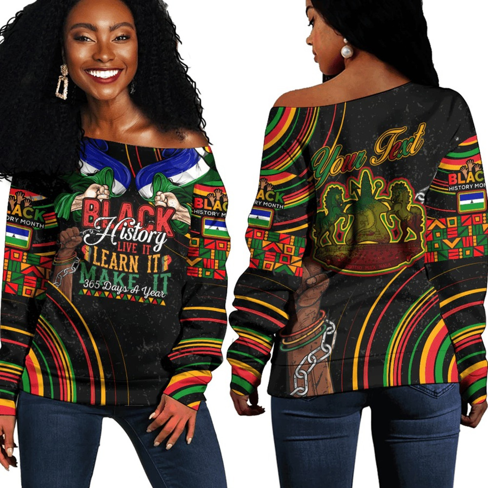 Lesotho Women's Off Shoulder Sweatshirt Black History Live it Learn it Make it, African Women Off Shoulder For Women