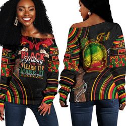 angola women's off shoulder sweatshirt black history live it learn it make it, african women off shoulder for women