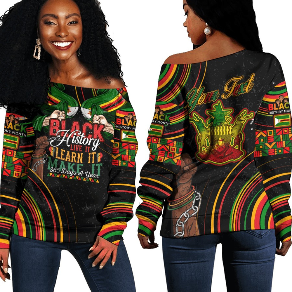 Zimbabwe Women's Off Shoulder Sweatshirt Black History Live it Learn it Make it, African Women Off Shoulder For Women