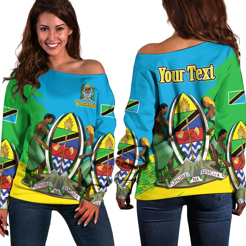 Tanzania Blue Version Special Women's Off Shoulder SweatShirt, African Women Off Shoulder For Women