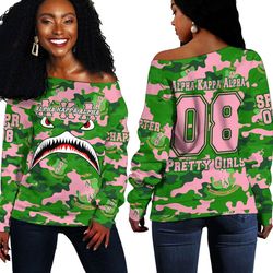 (Custom) AKA Sorority Full Camo Shark Off Shoulder Sweaters, African Women Off Shoulder For Women