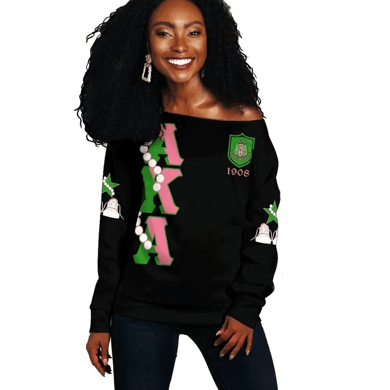 AKA Sorority Pearls K.H Chucks n Pearls Offshoulder Sweatshirt, African Women Off Shoulder For Women