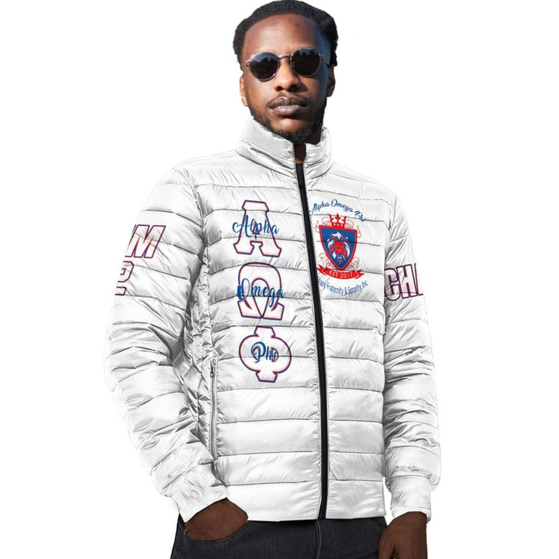 Custom Alpha Omega Phi (White) Padded Jacket, African Padded Jacket For Men Women