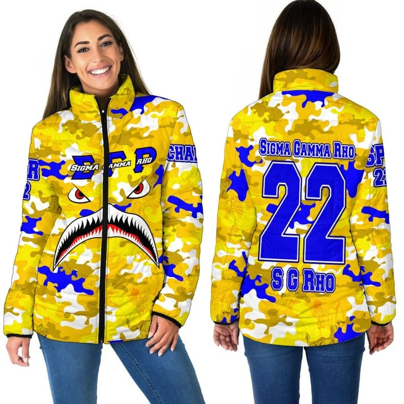 Sigma Gamma Rho Full Camo Shark Women Padded Jacket, African Padded Jacket For Men Women
