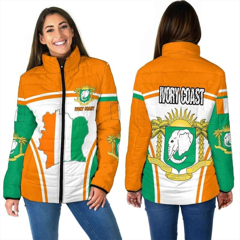 Ivory Coast Active Flag Women Padded Jacket, African Padded Jacket For Men Women