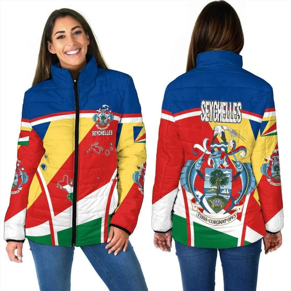 Seychelles Active Flag Women Padded Jacket, African Padded Jacket For Men Women