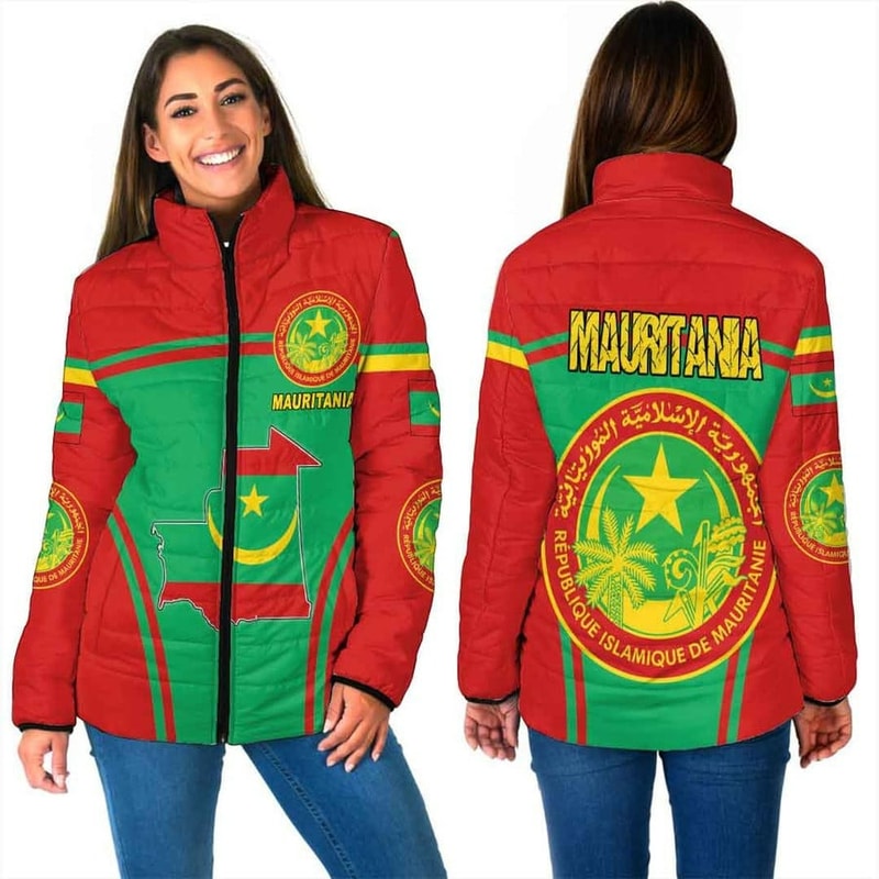 Mauritania Active Flag Women Padded Jacket, African Padded Jacket For Men Women