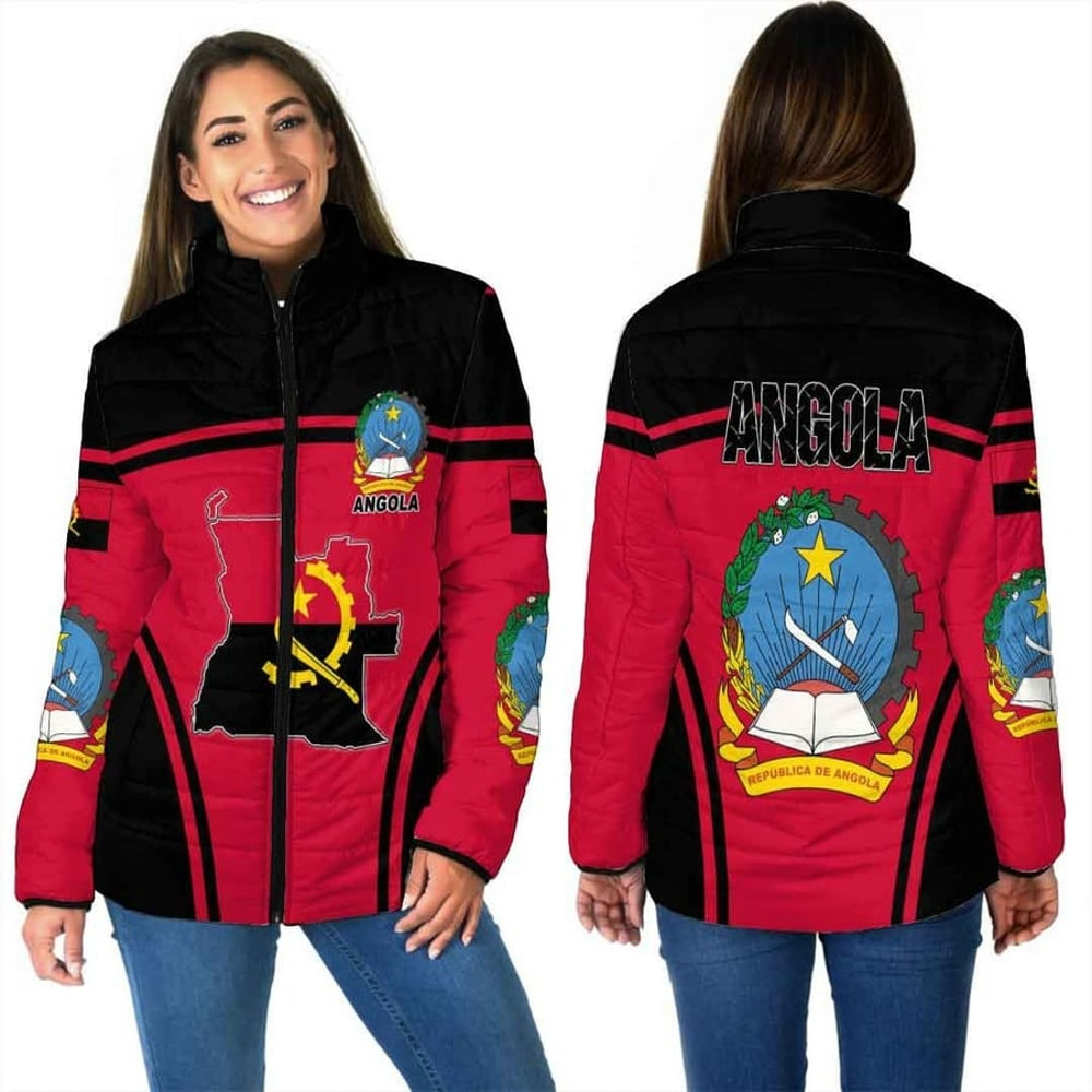 Angola Active Flag Women Padded Jacket, African Padded Jacket For Men Women