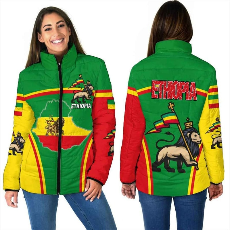 Ethiopia Lion Active Flag Women Padded Jacket, African Padded Jacket For Men Women