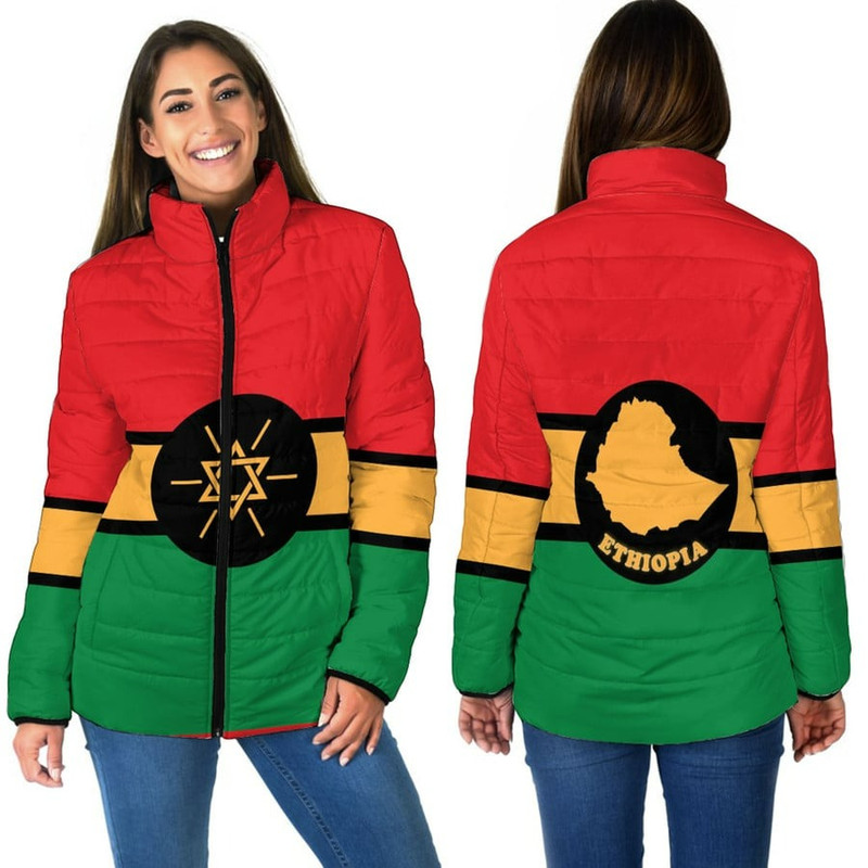Ethiopia Flag and Map New Women Padded Jacket, African Padded Jacket For Men Women
