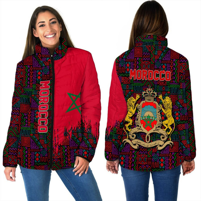 Morocco Women's Padded Jacket Kente Pattern, African Padded Jacket For Men Women