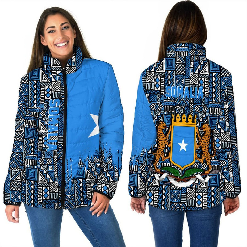 Somalia Women's Padded Jacket Kente Pattern, African Padded Jacket For Men Women
