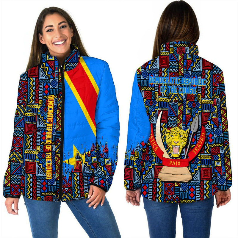 Democratic Republic of the Congo Women's Padded Jacket Kente Pattern, African Padded Jacket For Men Women