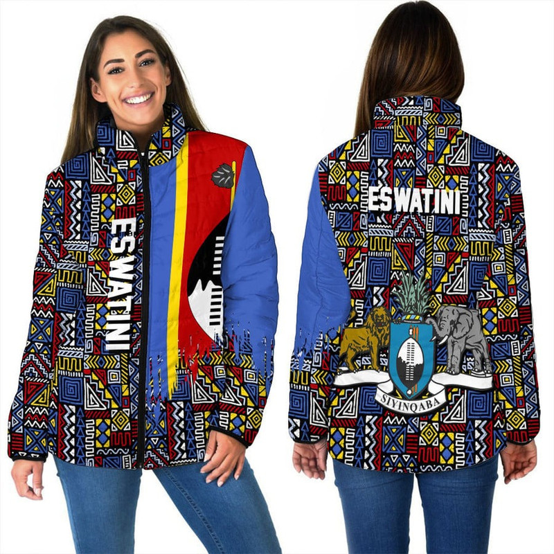 Eswatini Women's Padded Jacket Kente Pattern, African Padded Jacket For Men Women