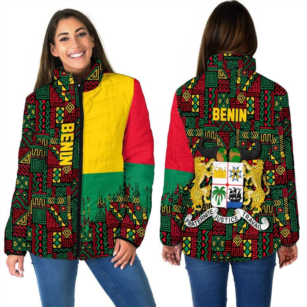 Benin Women's Padded Jacket Kente Pattern, African Padded Jacket For Men Women
