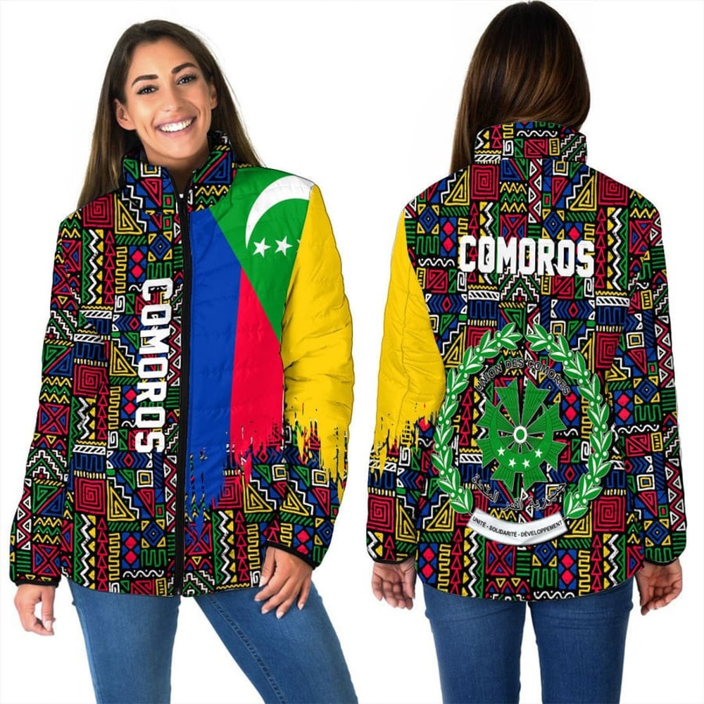 Comoros Women's Padded Jacket Kente Pattern, African Padded Jacket For Men Women