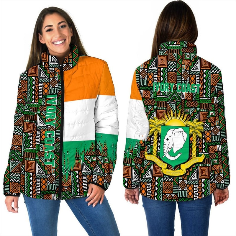 Ivory Coast Women's Padded Jacket Kente Pattern, African Padded Jacket For Men Women