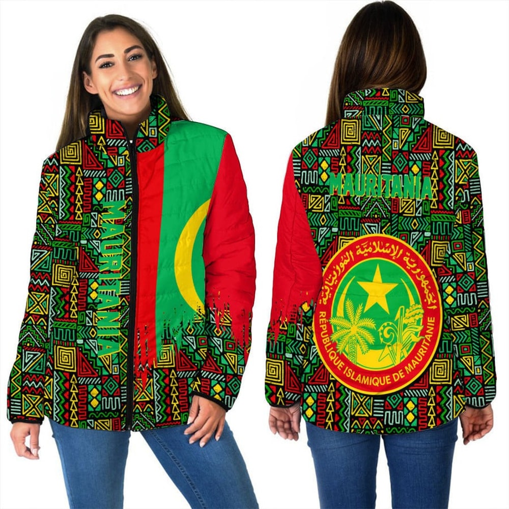 Mauritania Women's Padded Jacket Kente Pattern, African Padded Jacket For Men Women