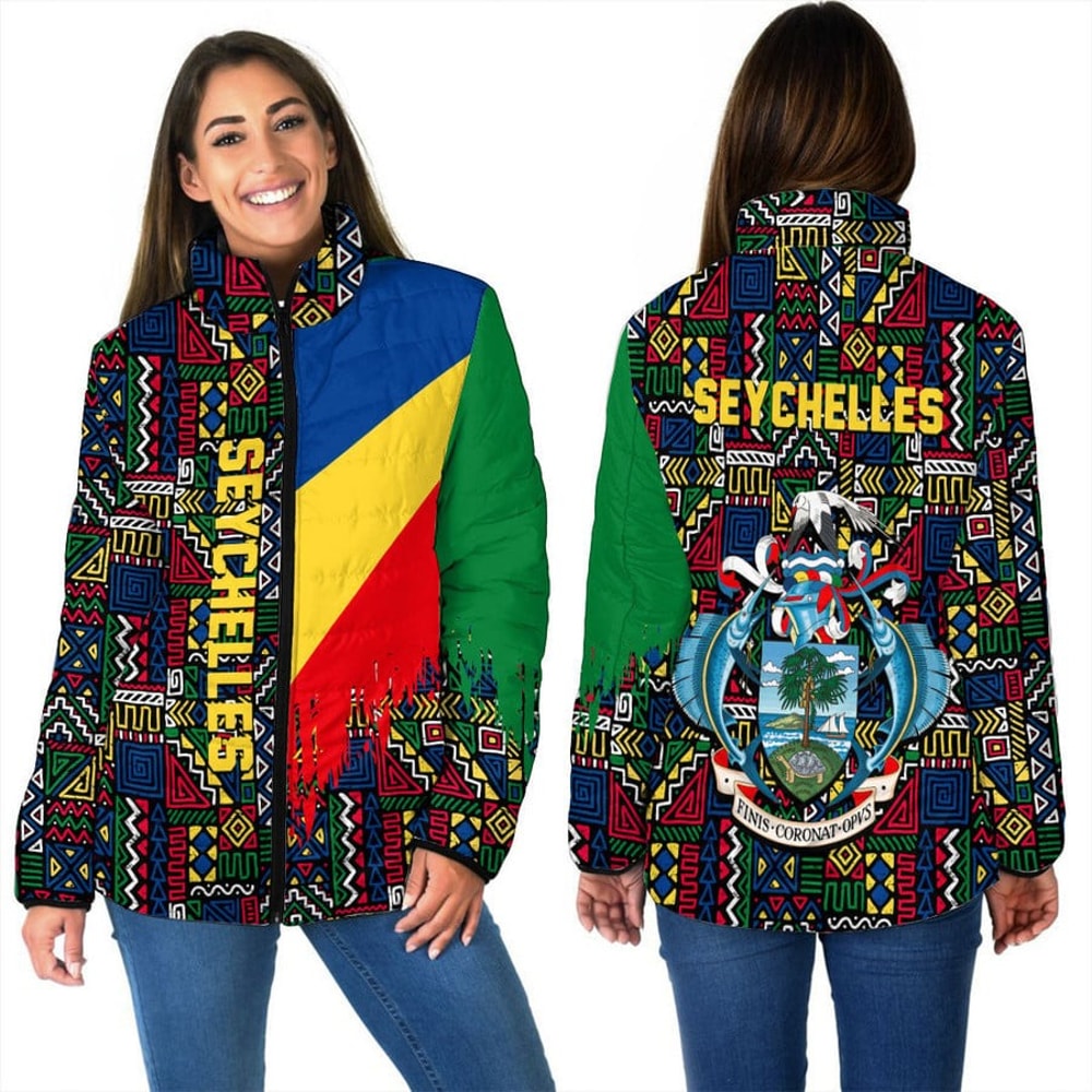 Seychelles Women's Padded Jacket Kente Pattern, African Padded Jacket For Men Women