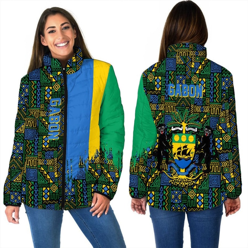 Gabon Women's Padded Jacket Kente Pattern, African Padded Jacket For Men Women