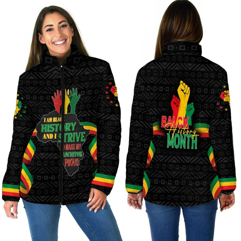 Black History Month Hand Women Padded Jacket, African Padded Jacket For Men Women