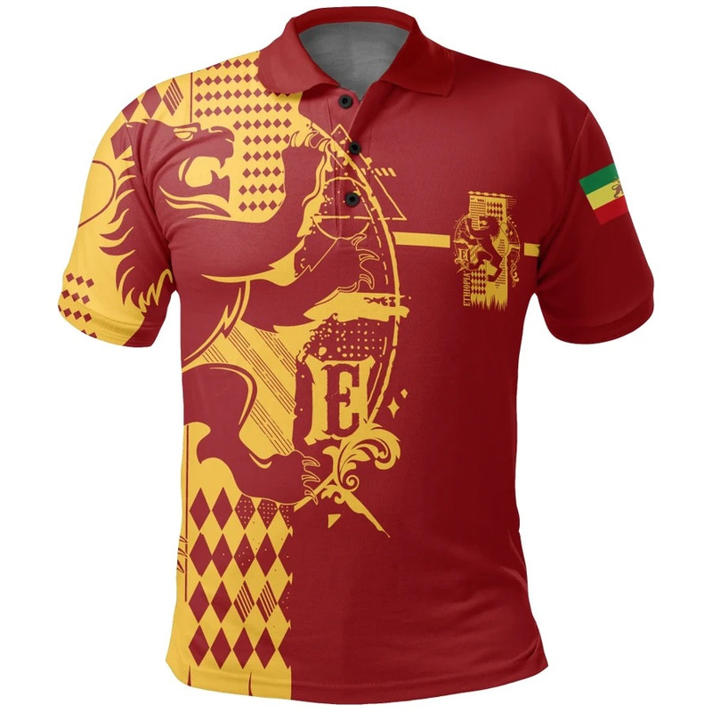 Ethiopia King Of Lion Polo Shirt Red, African Polo Shirt For Men Women