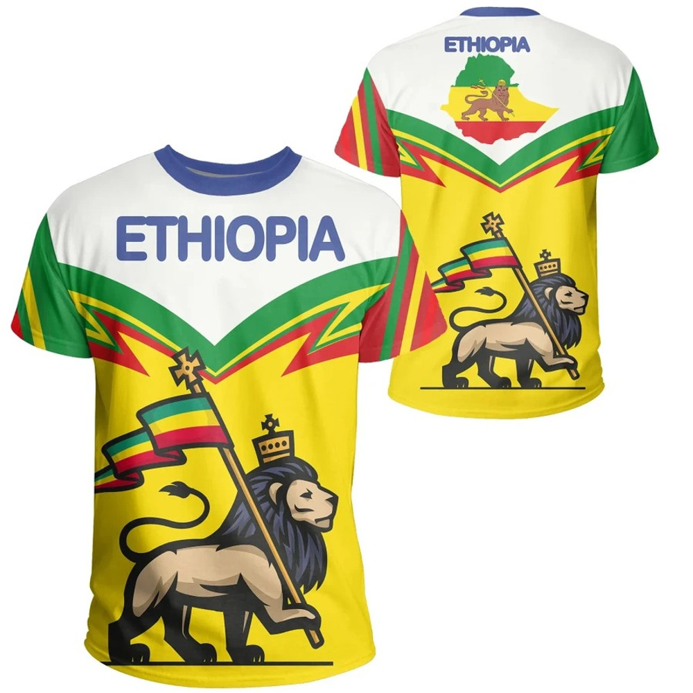 Ethiopia Flag Lion King T-shirt - Zig Zag Style, African T-shirt For Men Women