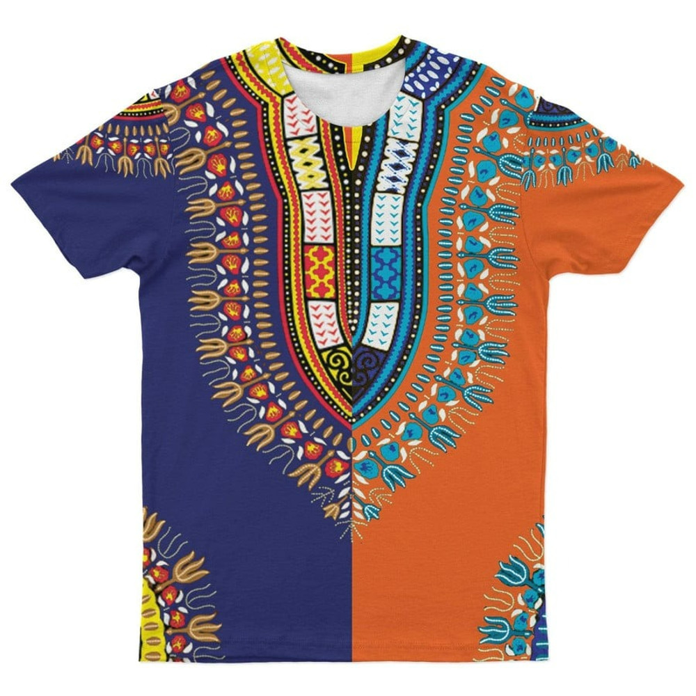 Dashiki Two-sided Blue Orange Tee, African T-shirt For Men Women