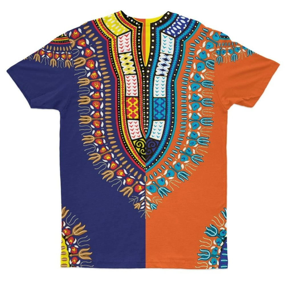 Dashiki Two-sided Blue Orange Tee, African T-shirt For Men Women