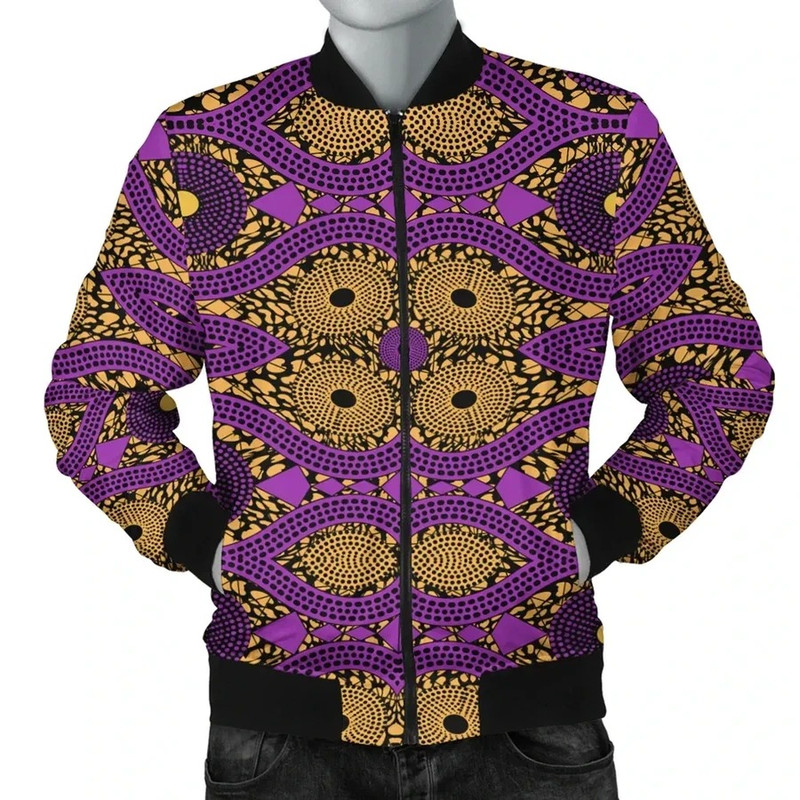 Ankara Violet Cowrie Bomber Jacket, African Bomber Jacket For Men Women