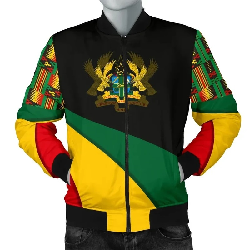 Ghana Flag Kente Men's Bomber Jacket - Bend Style, African Bomber Jacket For Men Women