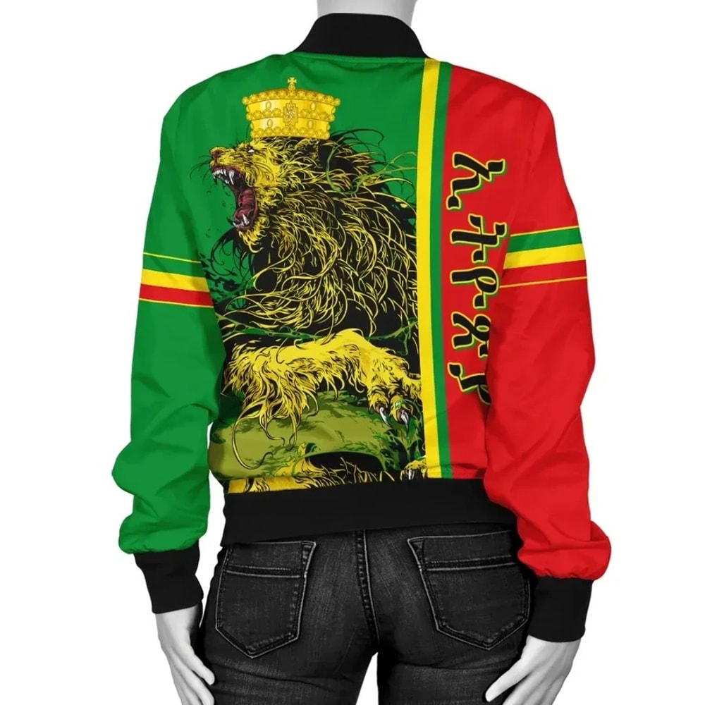 Ethiopia Bomber Jacket Quarter Style Lion Crown Green Red, African Bomber Jacket For Men Women